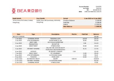 Hong Kong BEA bank statement Word and PDF template