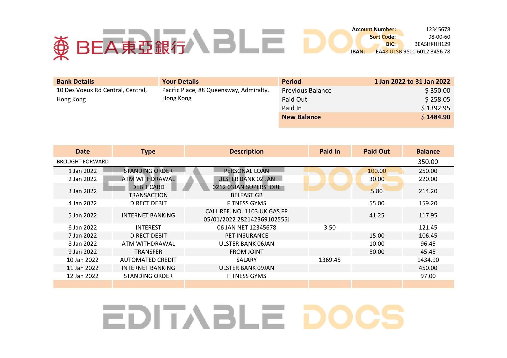 Hong Kong BEA bank statement Word and PDF template
