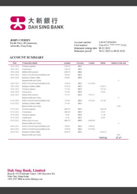 Hong Kong DAH Sing Bank statement Word and PDF template