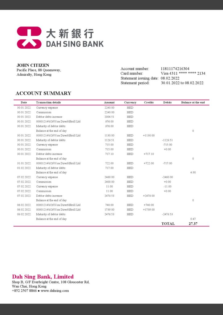 Hong Kong DAH Sing Bank statement Word and PDF template