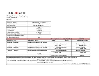 Hong Kong HSBC bank statement easy to fill template in .xls and .pdf file format