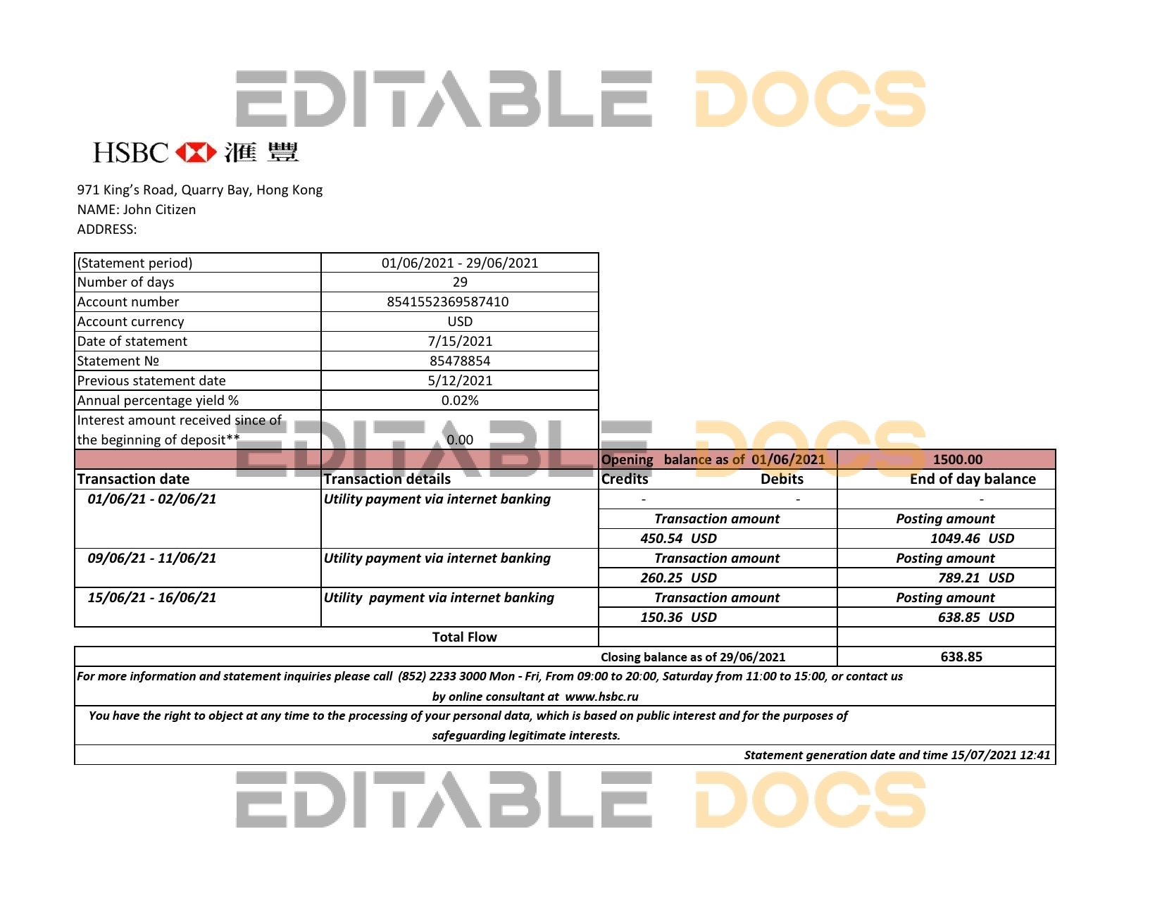 Hong Kong HSBC bank statement easy to fill template in .xls and .pdf file format