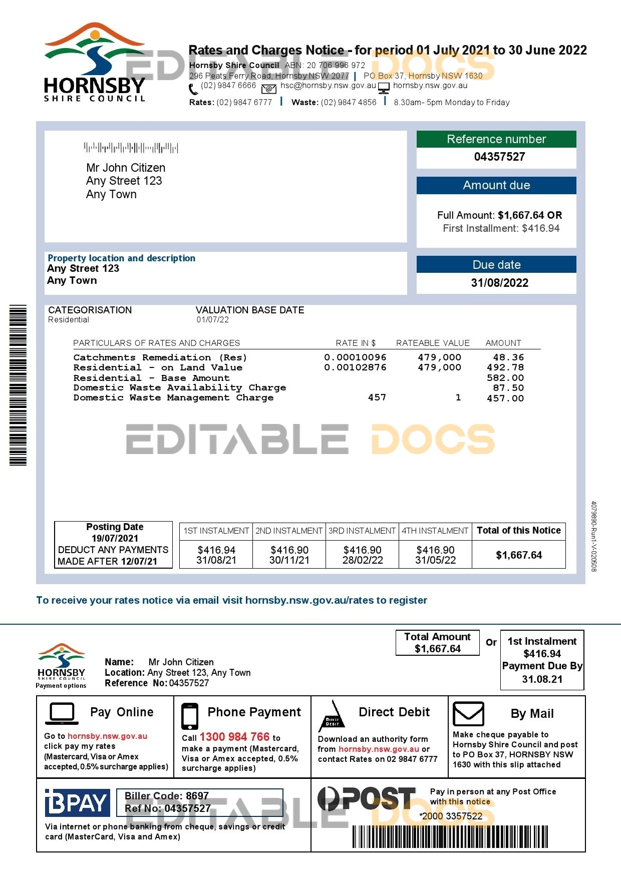 Australia NSW Hornsby Shire Council utility bill, Word and PDF template, 2 pages