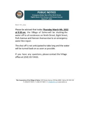 Canada British Columbia Hub of the Salmo Kootenays utility shut off notice, Word and PDF template