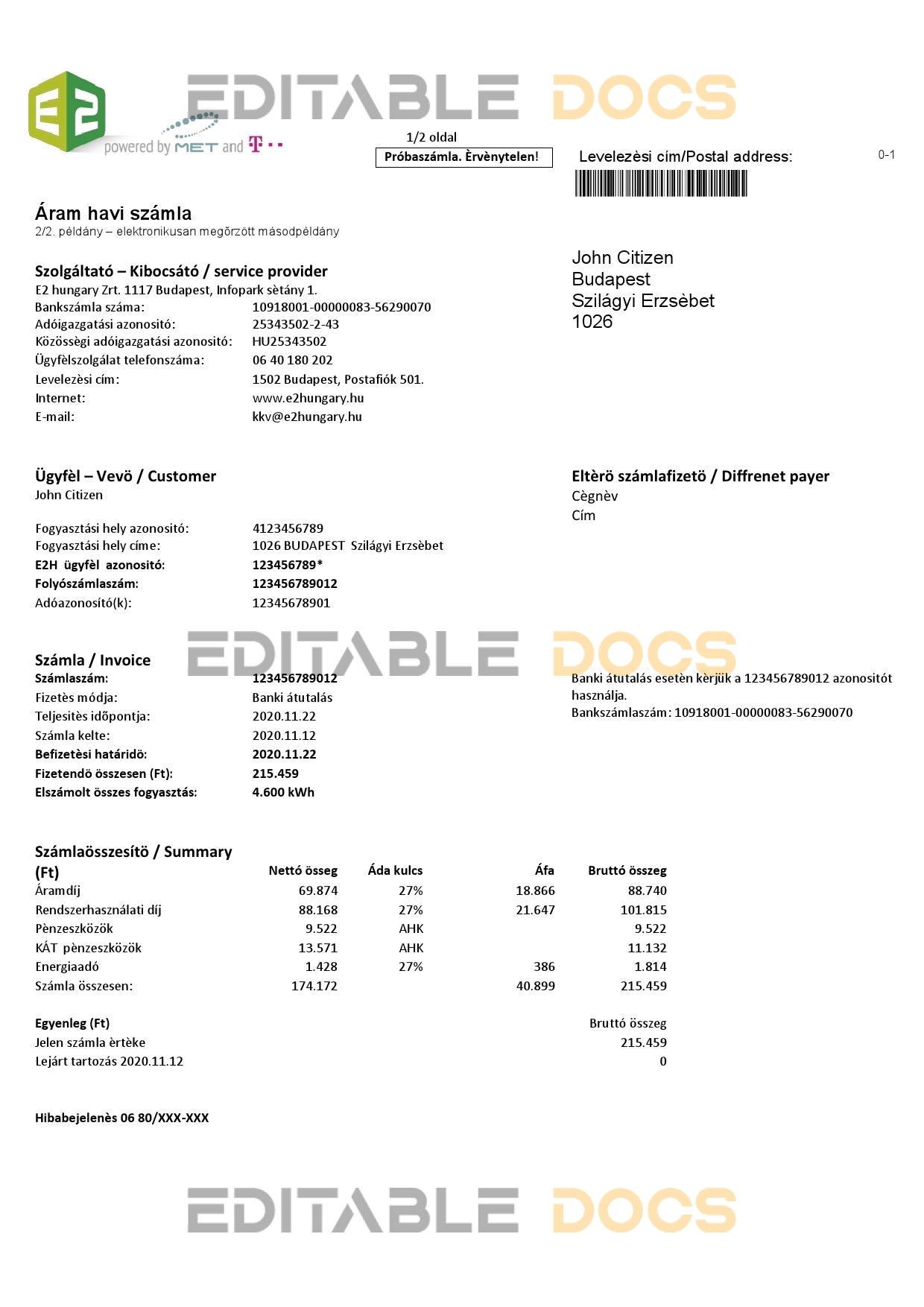 Hungary E2 utility bill template, fully editable in PSD format