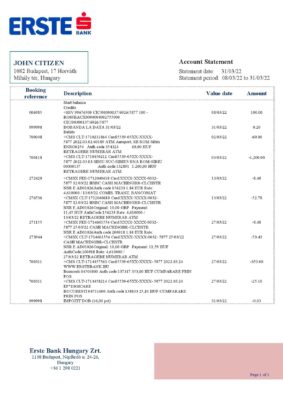 Hungary Erste Bank statement template in Word and PDF format