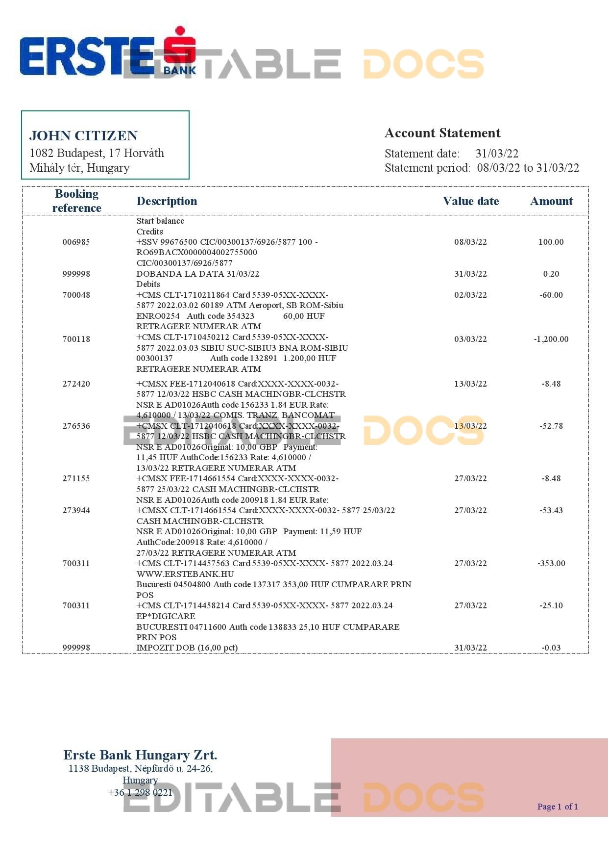 Hungary Erste Bank statement template in Word and PDF format