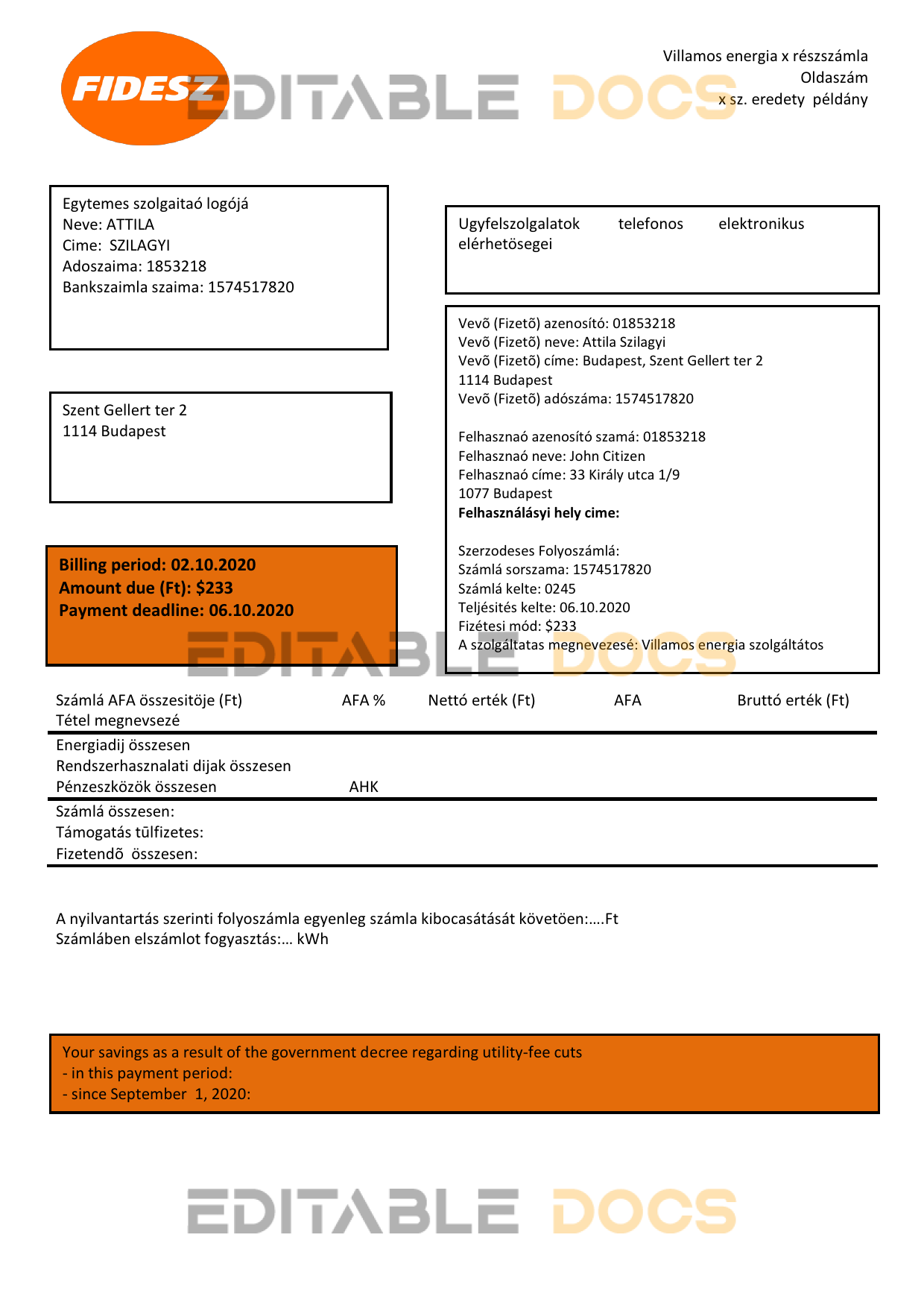 Hungary FIDESZ easy to fill utility bill template in Word and PDF format