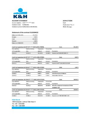 Hungary K&H Bank statement easy to fill template in Excel and PDF format