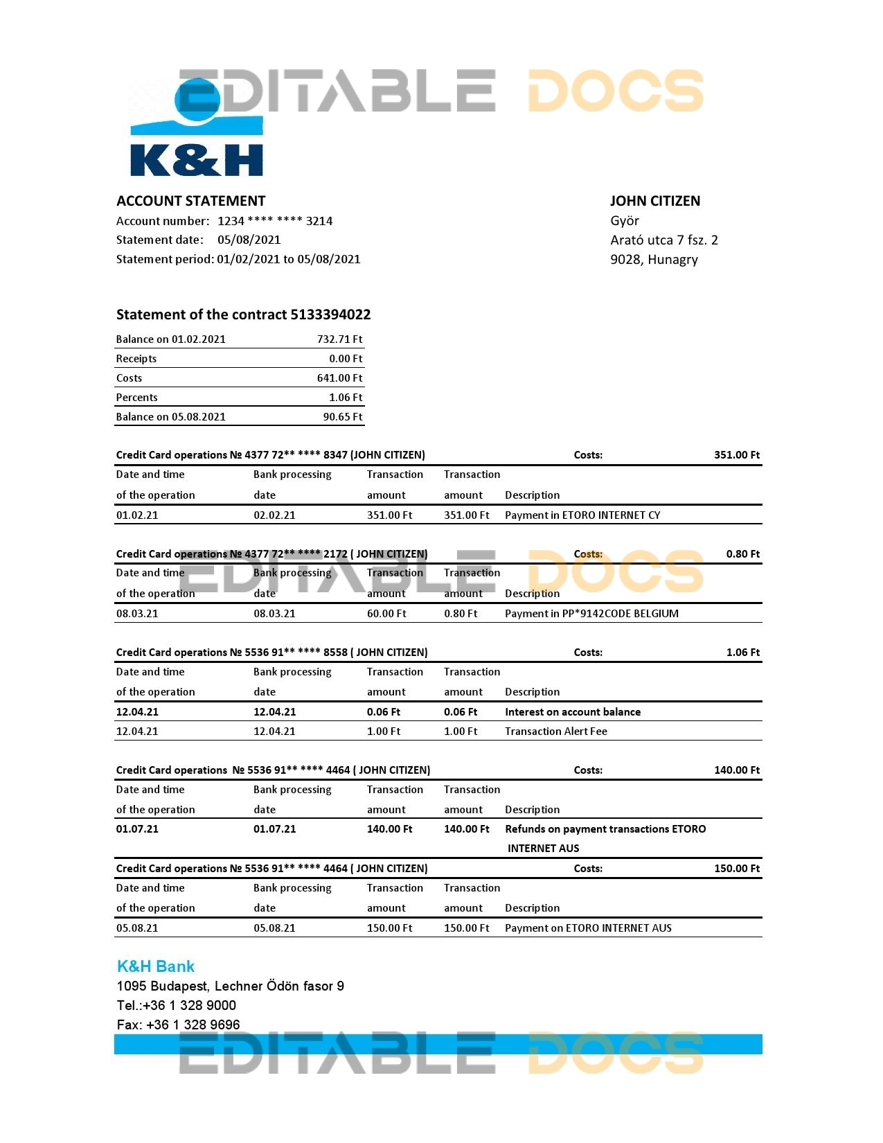 Hungary K&H Bank statement easy to fill template in Excel and PDF format
