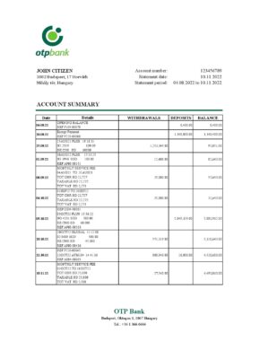 Hungary OTP bank statement Excel and PDF template