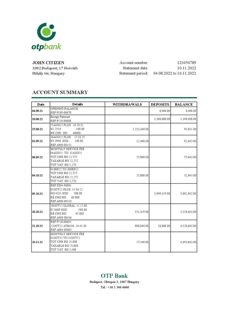 Hungary OTP bank statement Excel and PDF template
