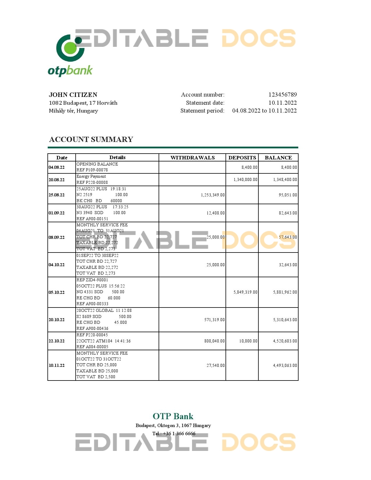 Hungary OTP bank statement Excel and PDF template