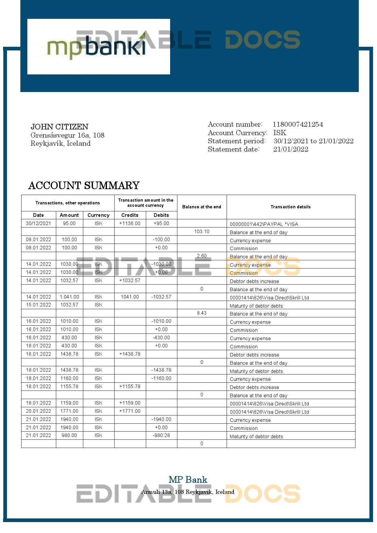 Iceland MP Bank statement template in Word and PDF format (.doc and .pdf)