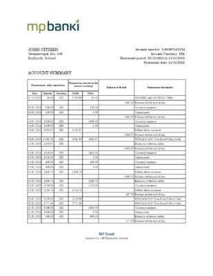Iceland MP bank statement Excel and PDF template