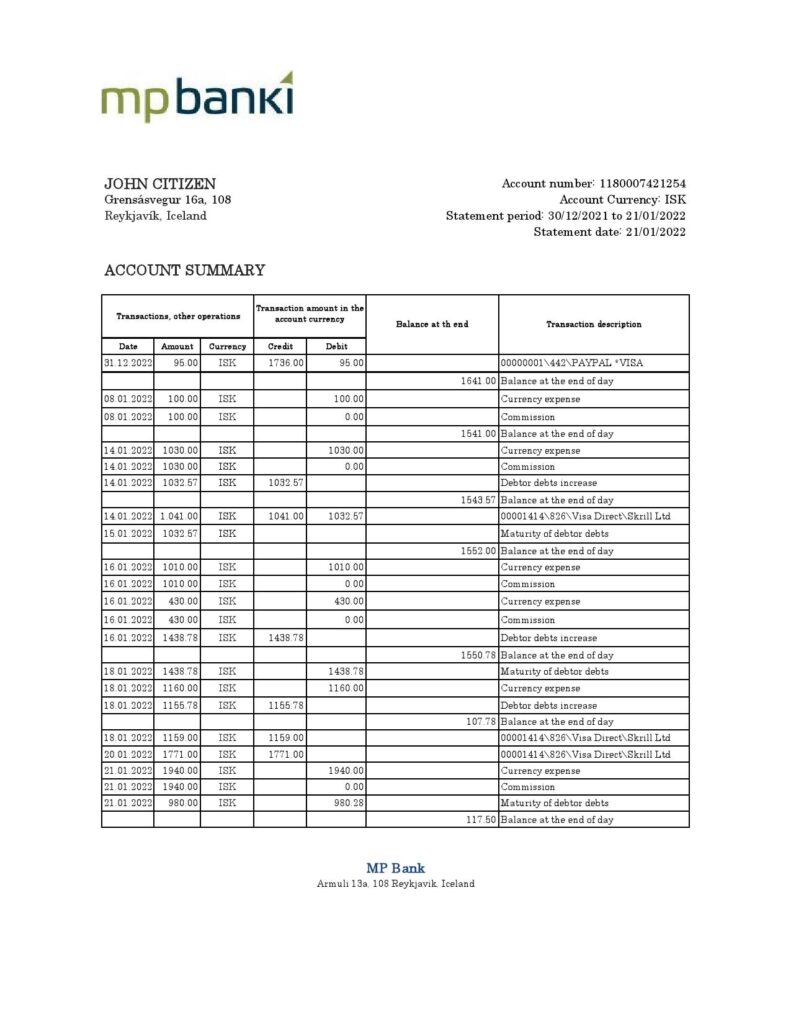 Iceland MP bank statement Excel and PDF template
