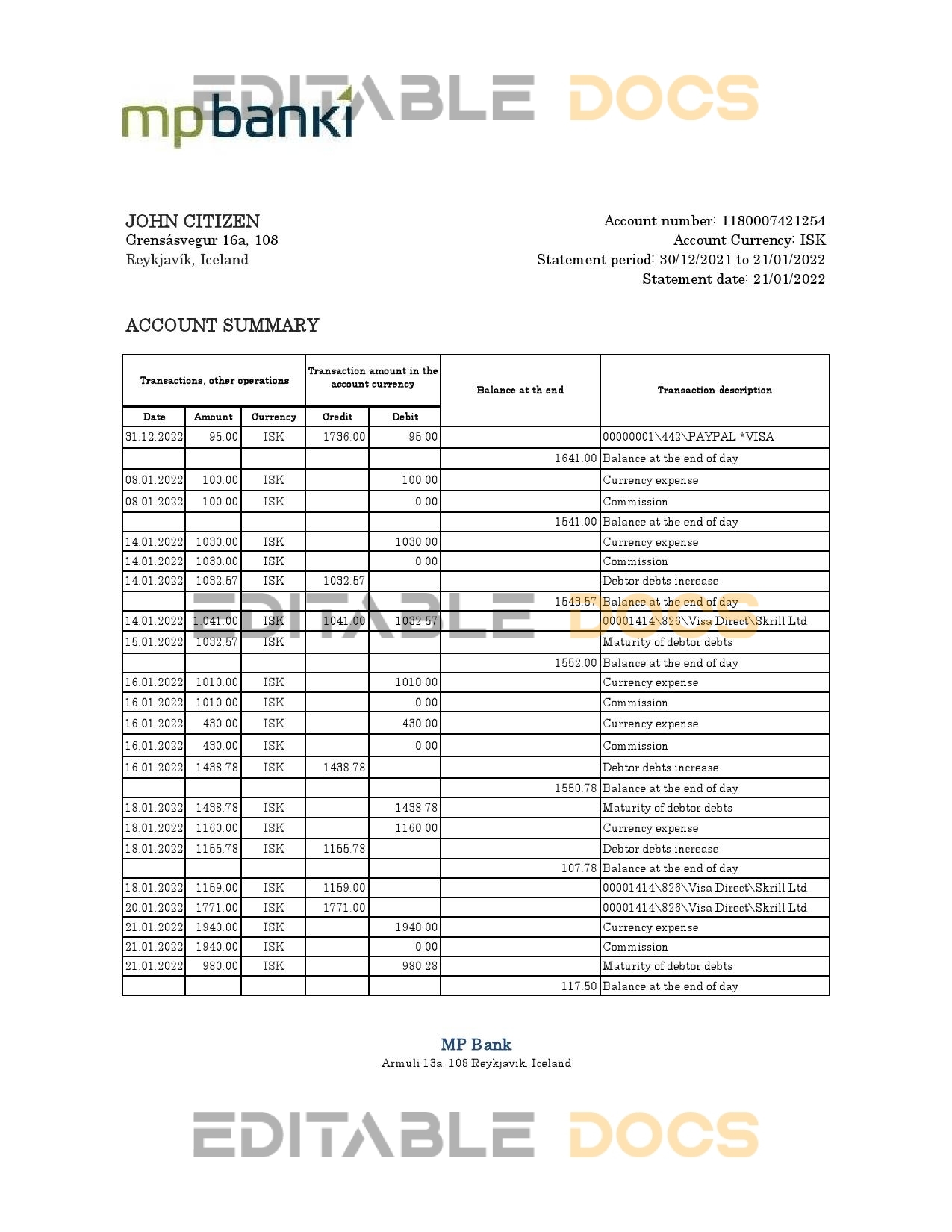Iceland MP bank statement Excel and PDF template