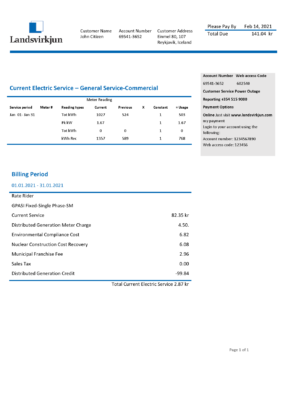 Iceland National Power Company of Iceland Landsvirkjun electricity utility bill template in Word and PDF