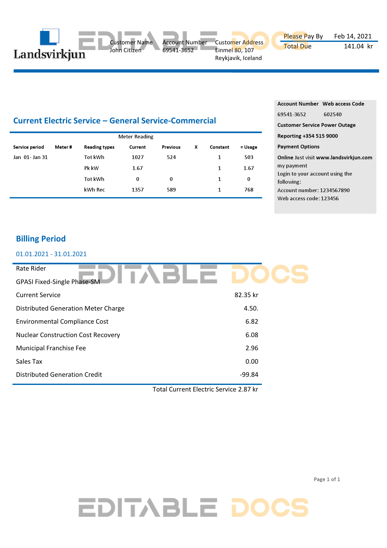 Iceland National Power Company of Iceland Landsvirkjun electricity utility bill template in Word and PDF