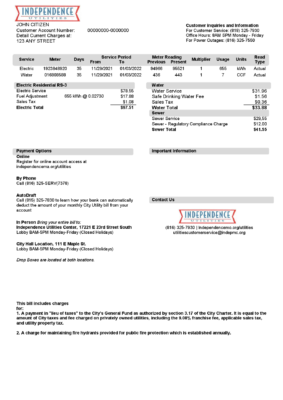 USA Missouri Independence Utilities utility bill template in Word and PDF format, version 2