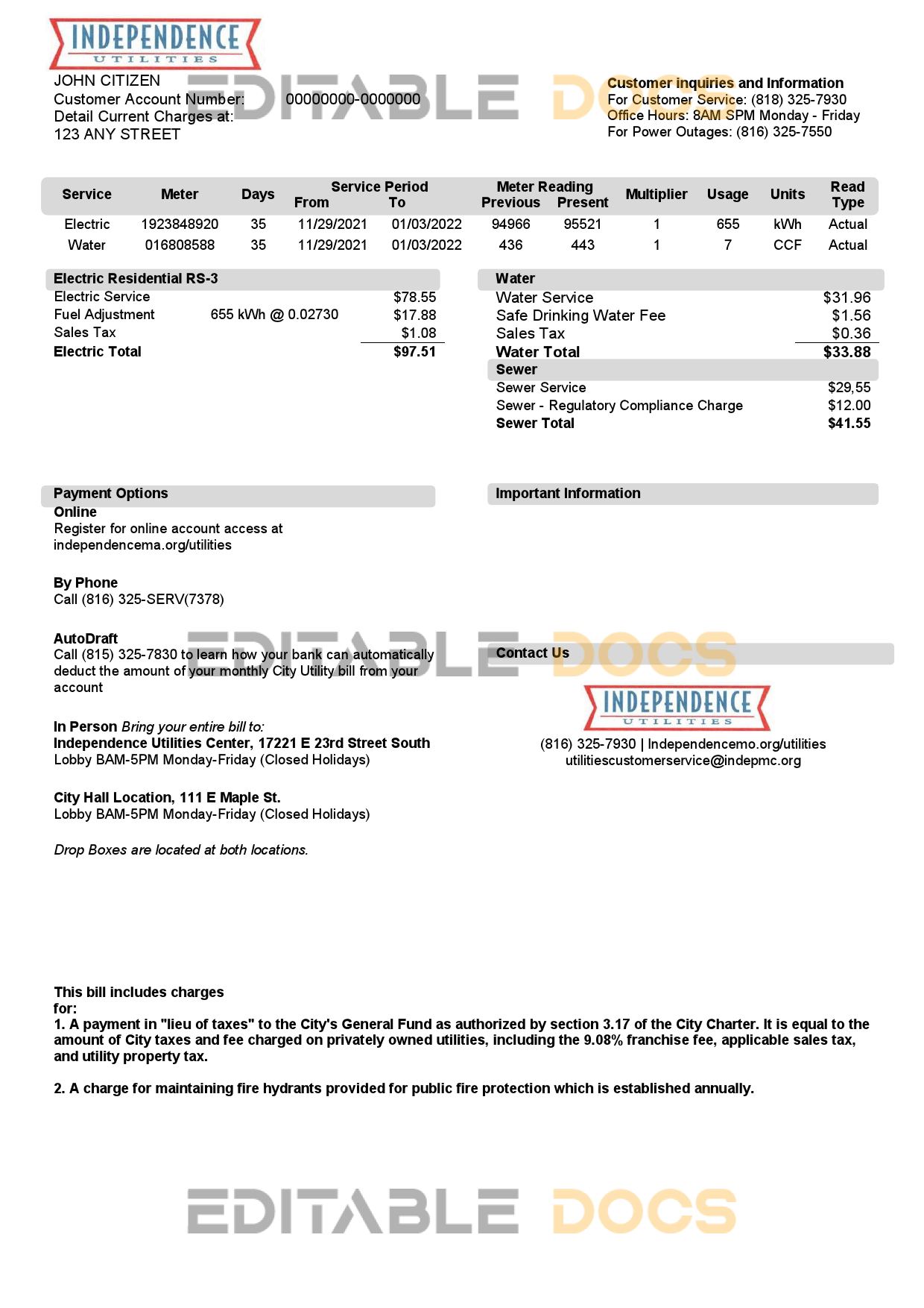 USA Missouri Independence Utilities utility bill template in Word and PDF format, version 2