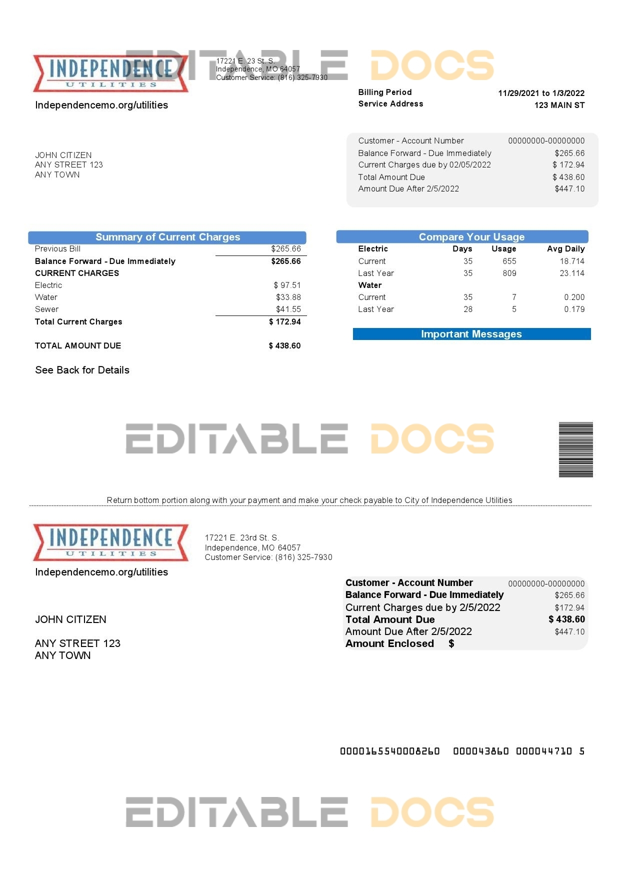 USA Missouri Independence Utilities utility bill template in Word and PDF format