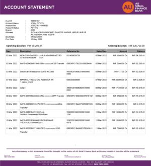 India Editable Docs 4 India AU Small Finance bank statement, Word and PDF template, 5 pages 1