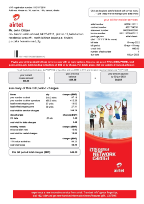 India Airtel telecommunication services utility bill template in Word and PDF format