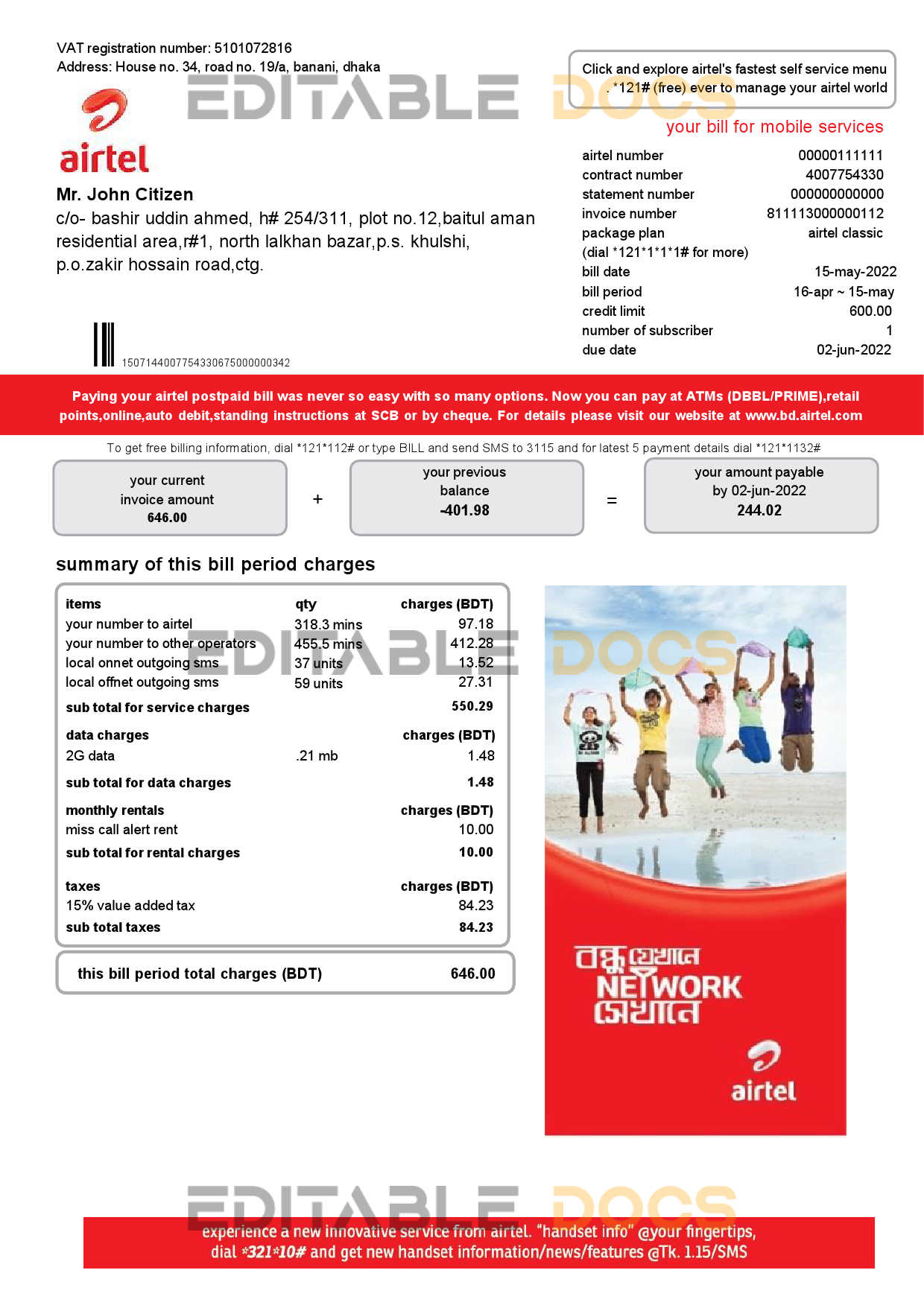 India Airtel telecommunication services utility bill template in Word and PDF format