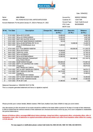India Editable Docs 15 India Bank of India bank statement Word and PDF template