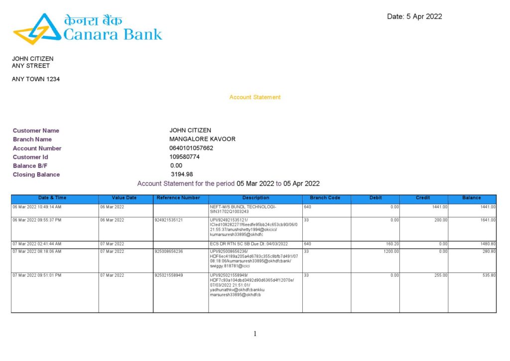 India Canara bank statement, Word and PDF template, 5 pages