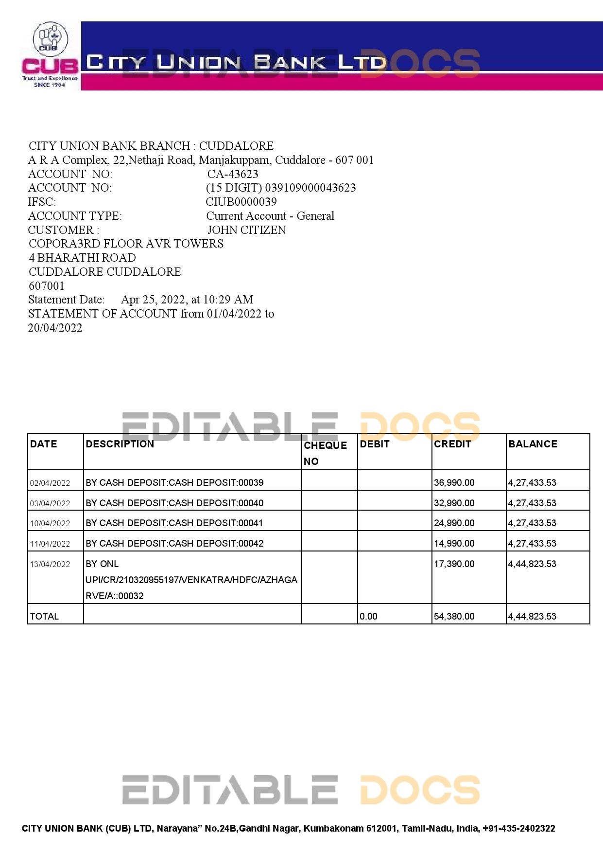 India City Union Bank statement, Word and PDF template