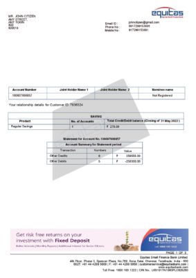 India Equitas bank statement Word and PDF template, 3 pages