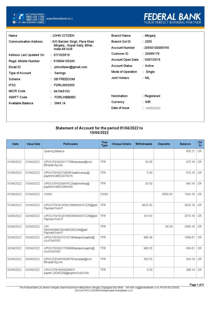 India Federal bank account statement, Word and PDF template, 3 pages 1