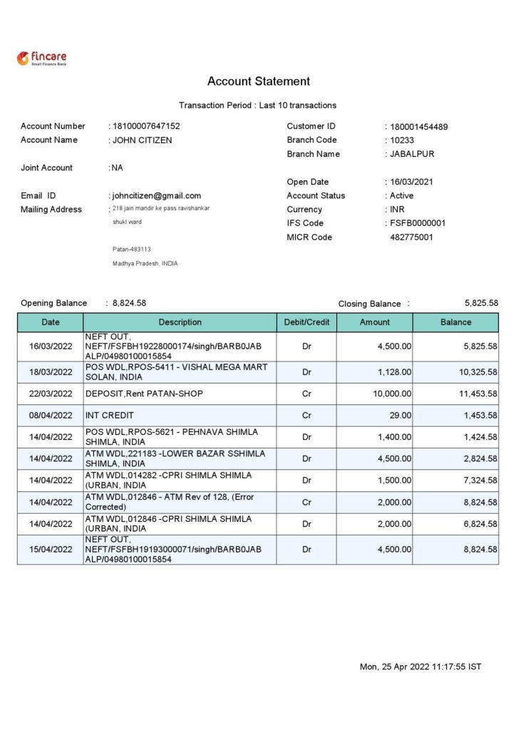 India Fincare bank account statement, Word and PDF template