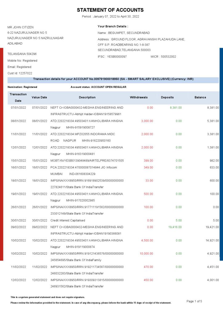 India HDFC bank statement Word and PDF template, 5 pages 1