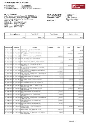 India IDFC First bank statement Word and PDF template, 2 pages