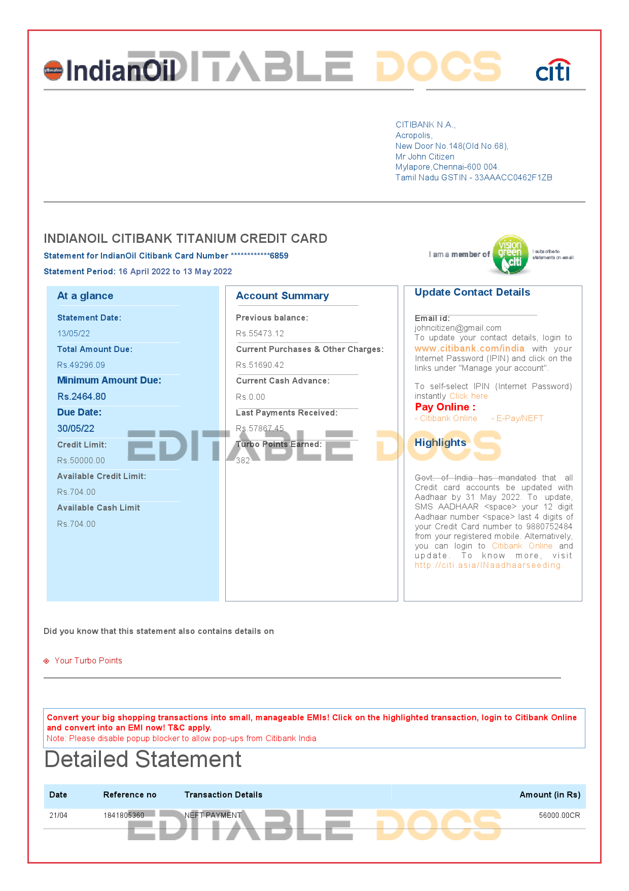 India Indian Oil utility bill template in Word and PDF format, 6 pages