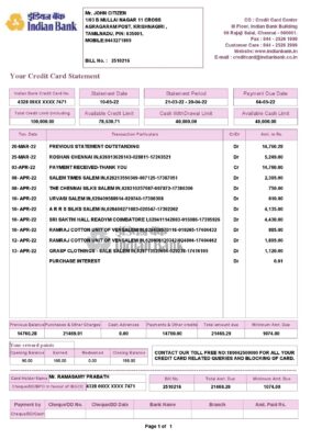 India Indian bank credit card statement, Word and PDF template, 2 pages