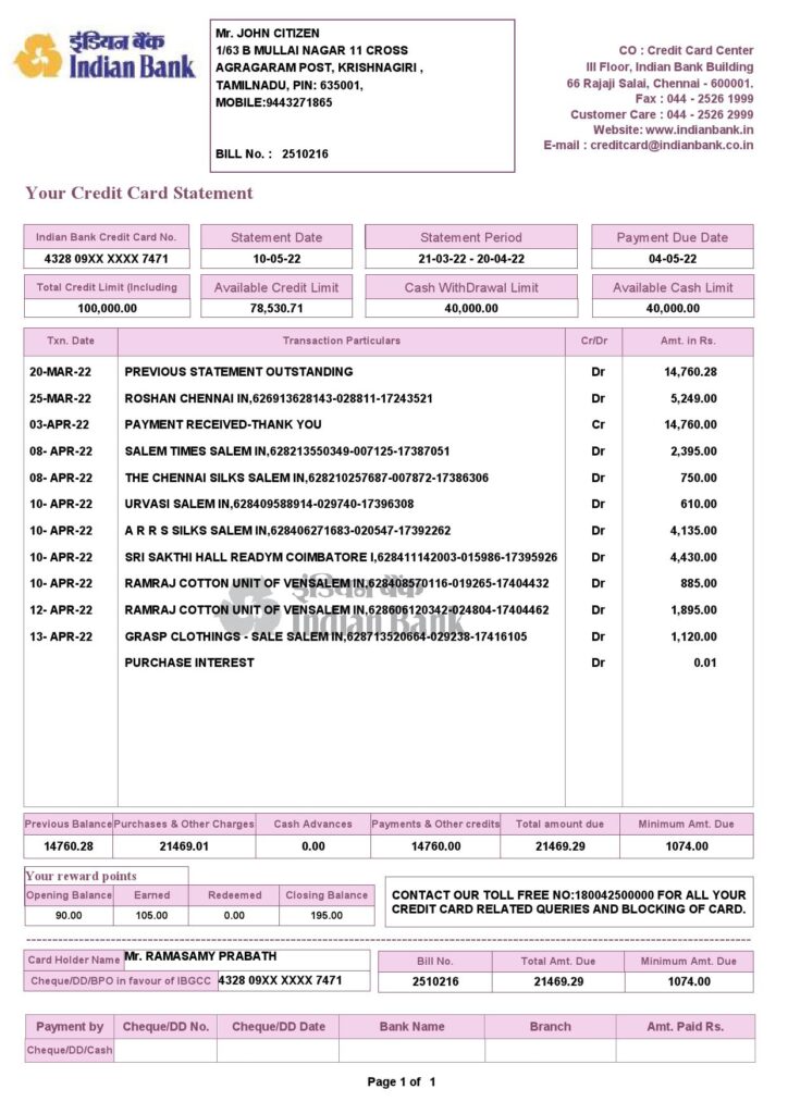 India Indian bank credit card statement, Word and PDF template, 2 pages 1