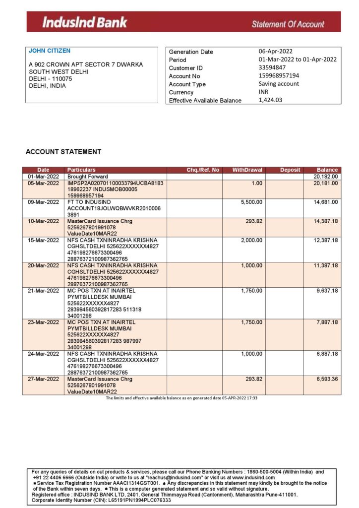 India IndusInd bank statement, Word and PDF template