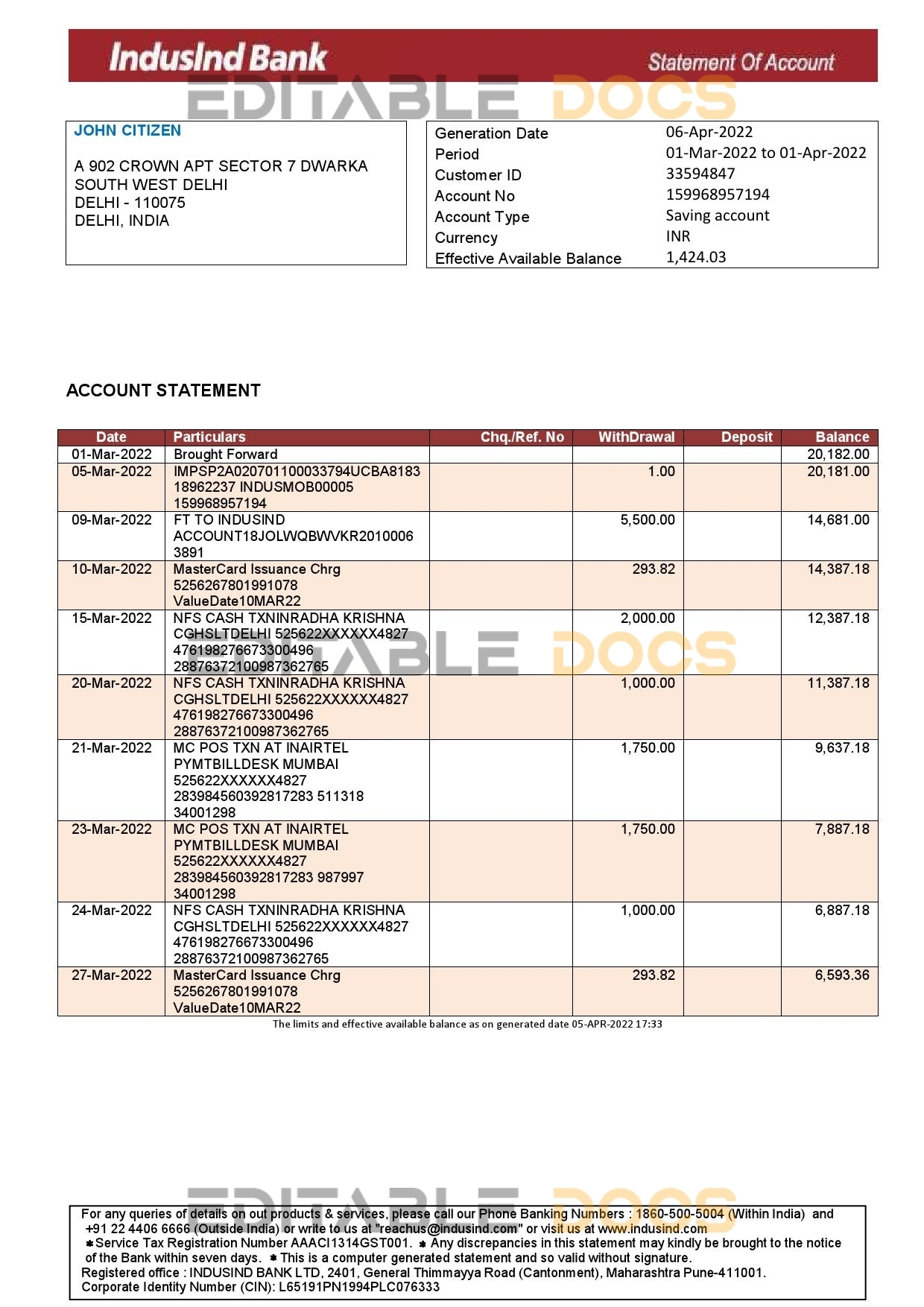 India IndusInd bank statement, Word and PDF template
