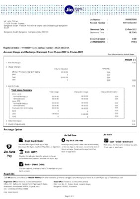 India Jio Digital Life bank statement, Word and PDF template, 4 pages