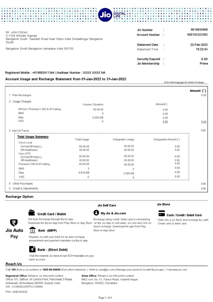 India Jio Digital Life bank statement, Word and PDF template, 4 pages