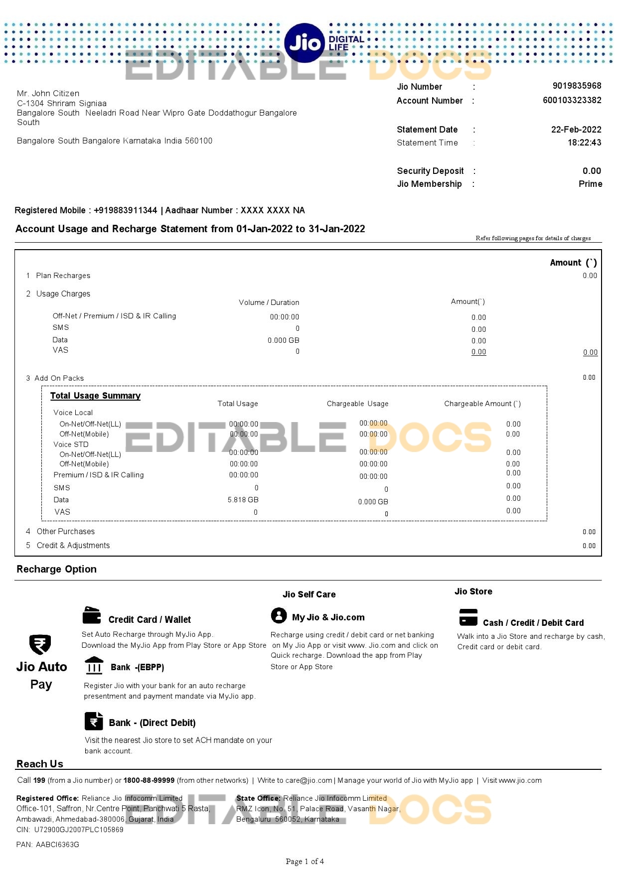 India Jio Digital Life bank statement, Word and PDF template, 4 pages