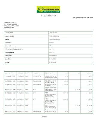 India KVB bank statement, Word and PDF template, 2 pages