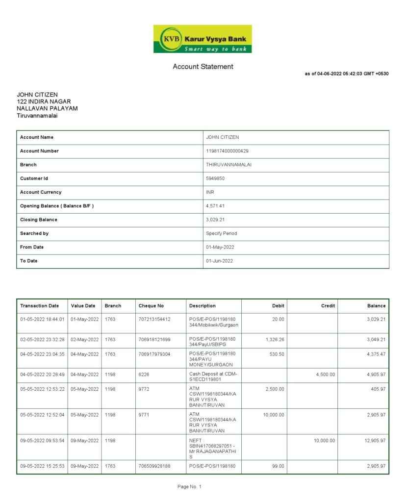 India KVB bank statement, Word and PDF template, 2 pages 1