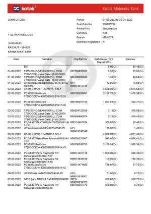India Editable Docs 11 India Kotak Mahindra bank statement Word and PDF template, 7 pages