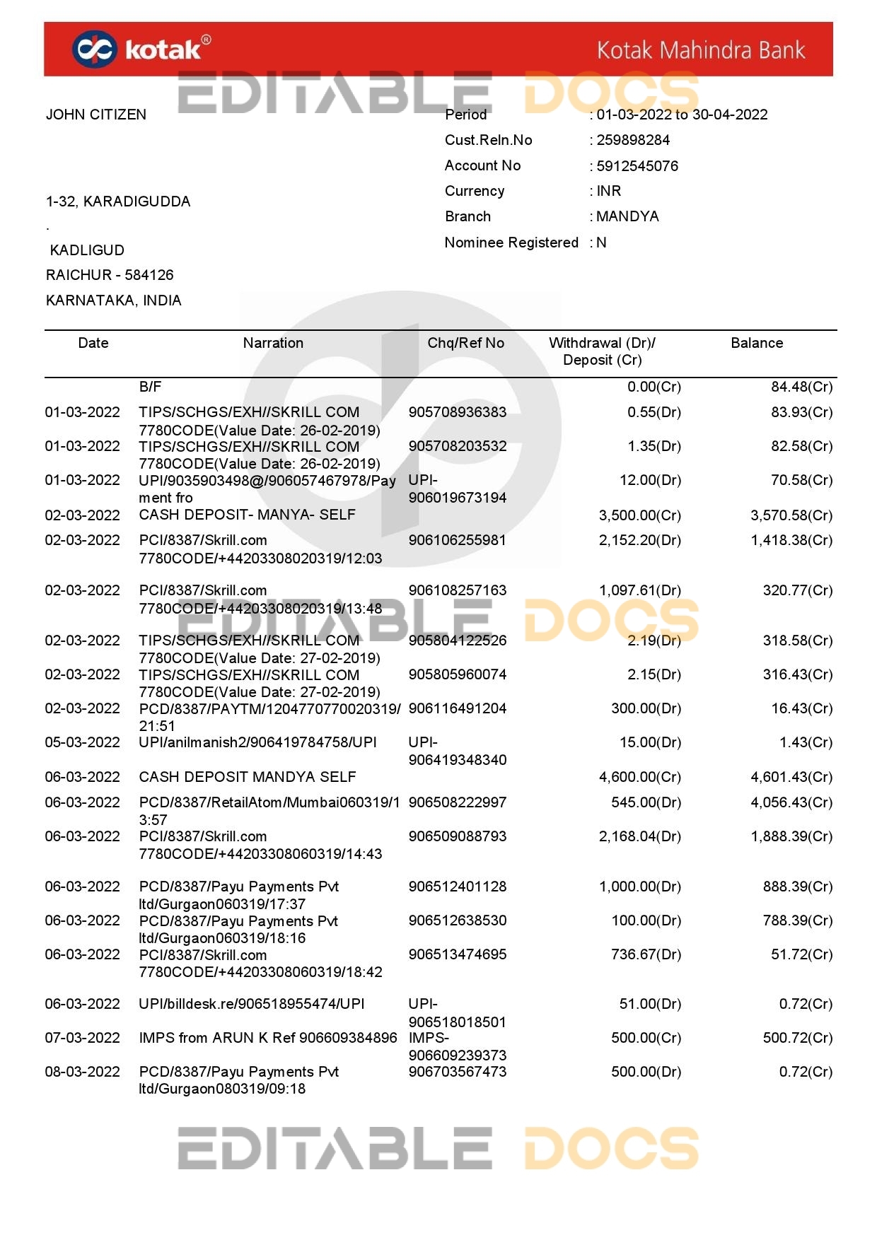 India Kotak Mahindra bank statement Word and PDF template, 7 pages