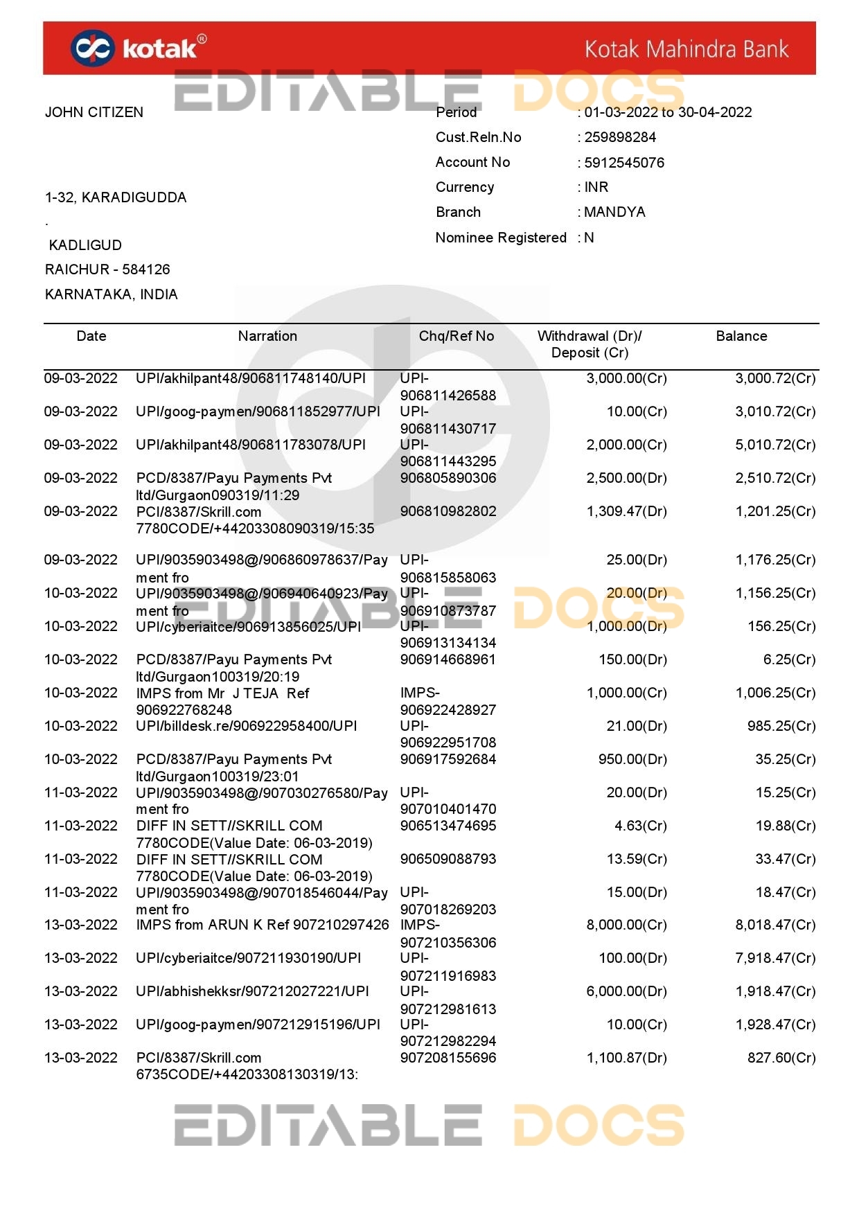 India Kotak Mahindra bank statement Word and PDF template, 7 pages